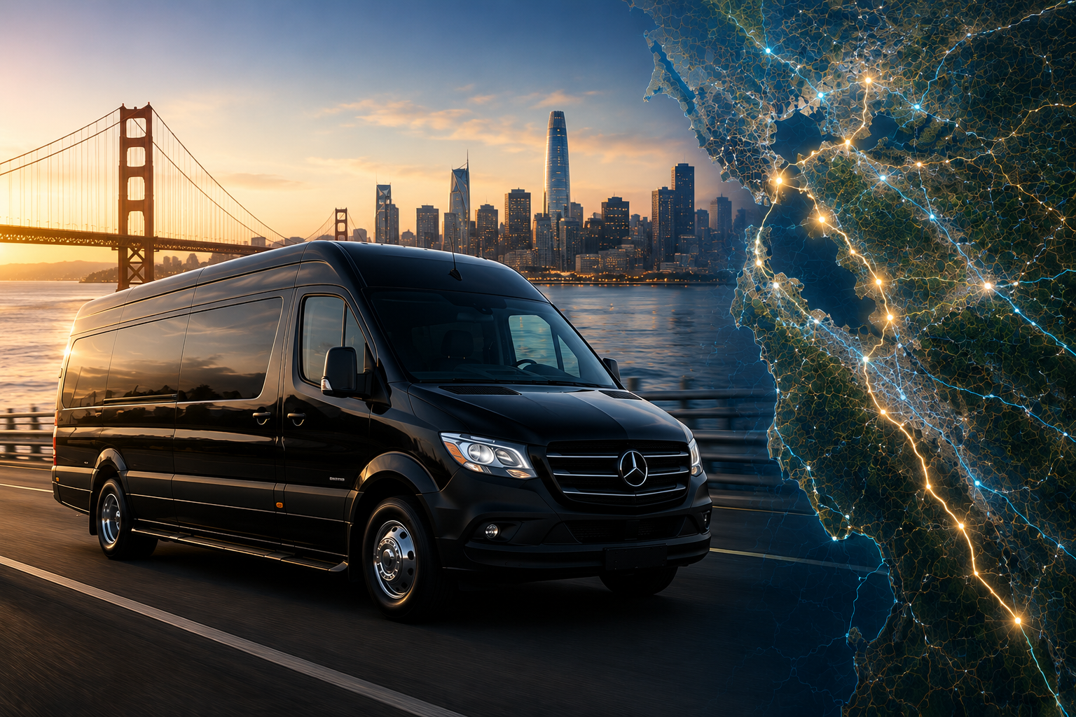 Black Mercedes Sprinter shuttle with Golden Gate Bridge and San Francisco skyline